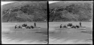 Men and women in a boat on Akaroa Harbour, Banks Peninsula