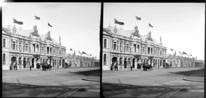 Agricultural Hall, Crawford Street, Dunedin including flags, pedestrians, and horse drawn cart