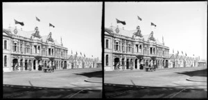 Agricultural Hall, Dunedin, including flying flags and horse drawn cart