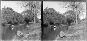 Boating on the Avon River, Christchurch, Canterbury Region, [Hagley Park?] including willow trees