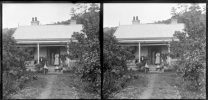 Hogg house with group on verandah [including Edgar Richard and Owen William Williams on right of steps?], Leith, Waikouaiti, Dunedin, Otago Region