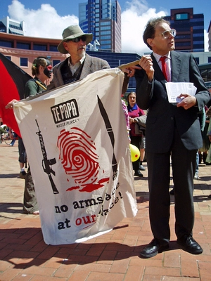 Photographs of a demonstration against a Defence Industry Association conference held at Te Papa, Wellington