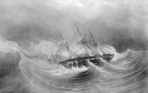 Saint-Aulaire, Felix Achille, 1801- :La corvette l'Astrolabe tombant tout-a-coup sur des recifs dans la baie de l'Abondance (Nouvelle-Zelande). A St Aulaire del et lith. [1833]
