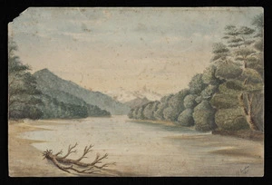 Austin, A J :Haast two miles below junction of Burke with the Haast looking to the Gray mountains. October 1865. V Pyke's explorating party.