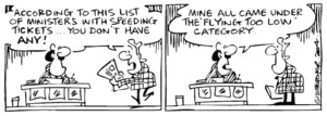 Fletcher, David, 1952- :' According to this list of ministers with speeding tickets... you don't have any!' ' Mine all come under the "flying too low' category.' Dominion Post, 9 October 2004.