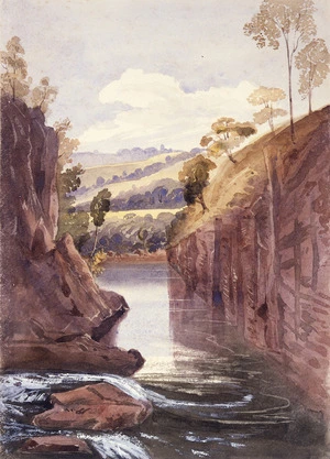 [Fox, William] 1812-1893 :[River flowing between high banks, New Zealand. 1850s or 1860s?]