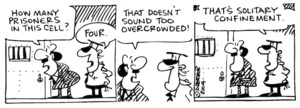 Fletcher, David, 1952- :'How many prisoners in this cell?' 'Four.' 'That doesn't sound too overcrowded!' 'That's solitary confinement.' The Dominion Post, 20 August 2004.