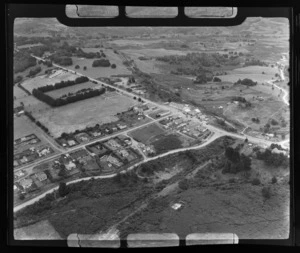 The town of Okaihau with Settlers Way Street and primary school, and Lake Road to Lake Omapere in foreground, Northland