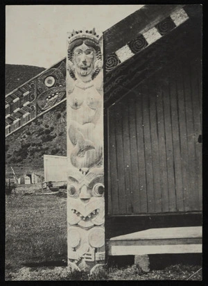 Stylised folk art carvings on a meeting house barge board and bargeboard support, Wairaka marae, Whakatane