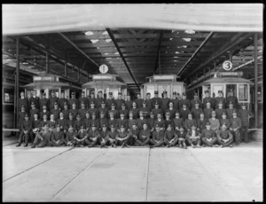 A formal group photograph of Christchurch Tramways staff, tram depot, Christchurch