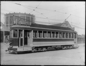 'Brill' tram 174 outside Moorhouse Avenue tram depot, Christchurch