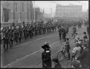 World War I troops marching through Cathedral Square, Christchurch