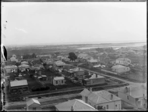 Houses at Cobden, Greymouth, including Greymouth Wharf in distance