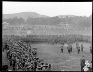 World War I troops parade at a park, [Christchurch?]