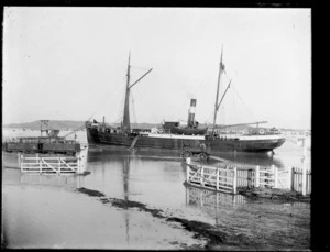 Steamship Queen of the South docked on the Manawatu River, Foxton, with traction engine and wagons on flood plain alongside