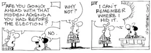 Fletcher, David, 1952- :'Are you going ahead with that hidden agenda you had before the election?' 'No.' 'Why not?' 'I can't remember where I hid it.' The Dominion Post, 3 September, 2002.