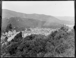 View of Dunedin, looking down from a bush covered hill towards commercial buildings and houses, including dome of The New Zealand and South Seas International Exhibition building, top right