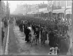 World War I soldiers marching down Cashel Street, and crowd to see them off, Christchurch City