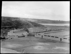 The New Zealand and South Seas International Exhibition, Logan Park, buildings under construction, view to The Cove and Highcliff across harbour