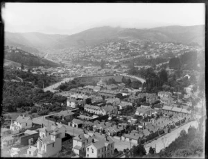View over Willowbank residential area, Dunedin, looking north east with Great King Street and Dunedin Botanical Gardens, to Knox College and Signal Hill beyond