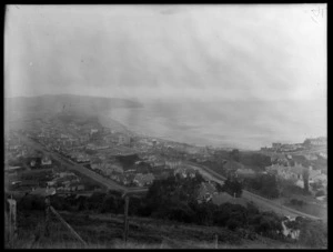Saint Clair, Dunedin City, from hill looking north down Bedford Street and Richardson Street to racecourse, housing and beach