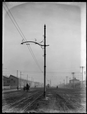 Moorehouse Avenue, Christchurch, featuring a post holding tram wires