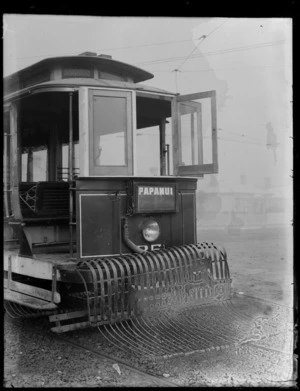 Front end of a Papanui Tramways tram with a safety device to prevent people from being run over, Christchurch