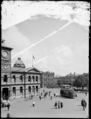 Cathedral Square, Christchurch, including Post Office with clock tower in foreground