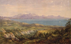 Barraud, Charles Decimus 1822-1897 :[Looking across Lake Taupo with Mounts Tongariro, Ngauruhoe and Ruapehu in the distance] 1874