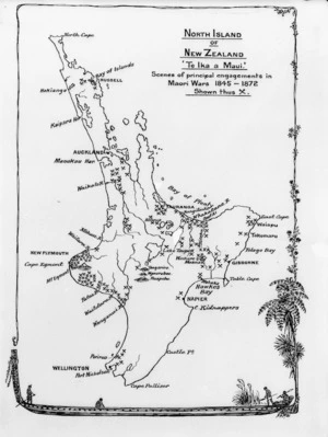 Messenger, Arthur Herbert, 1877-1962 :North Island of New Zealand,"Te Ika a Maui" Scenes of principal engagements in Maori Wars 1845-1872