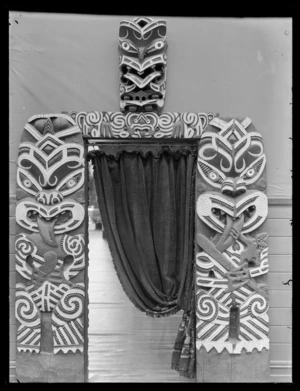 Doorway with Maori carvings at the Government Tourist Department's court, New Zealand International Exhibition Christchurch 1906-1907