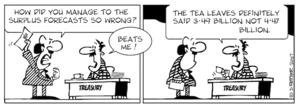 "How did you manage to get the surplus forecasts so wrong?" "Beats me! The tealeaves definitely said 3.49 billion, not 4.47 billion." 2 March, 2007