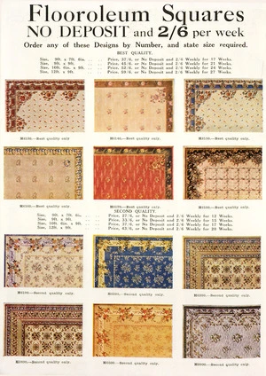 Farmers Trading Co. Ltd :Flooroleum squares. No deposit and 2/6 per week. Order any of these designs by number, and state size required. [1932].