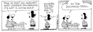 Fletcher, David 1952- :'This is just an inquiry into leaked documents. It's not a witch-hunt.' 'Where do you want me to sit?' 'In the ducking stool.' The Dominion, 15 August 2001.
