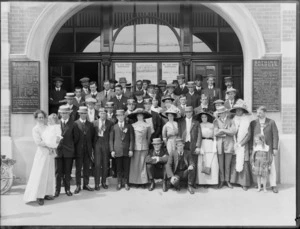 Swimming group outside the Municipal Baths, Christchurch