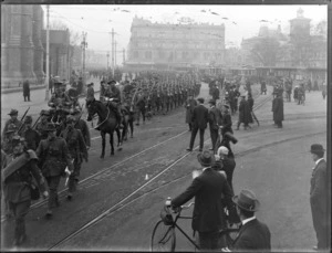 World War I troops on parade, Cathedral Square, Christchurch