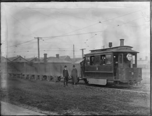 A Baldwin steam tram with wagons, at depot, Christchurch