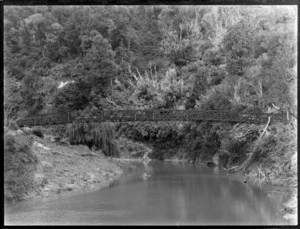 A man on a horse-drawn carriage crossing the Huiroa Bridge, Taranaki