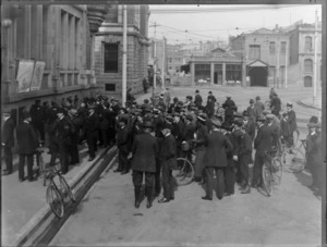 Group gathered to read war news outside the offices of The Press newspaper in Christchurch