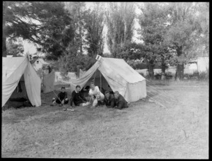 Presbyterian bible class camp, with unidentified group outside one of the tents