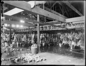 Carcasses hanging, probably at the Christchurch City Abattoir