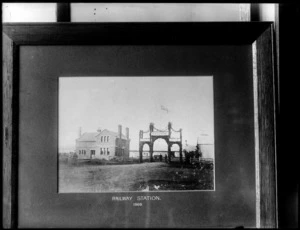 Framed photograph of the railway station and decorative arch in Christchurch during the royal visit of the Duke of Edinburgh in 1869