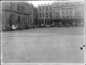 Nurse Maude's relief depot, with a fleet of motorcycles and riders out the front