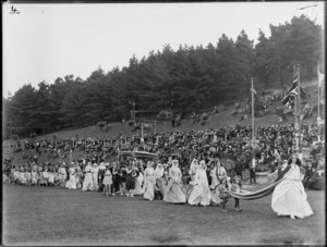 Pageant procession, Newtown Park, Wellington, showing men, women and children marching and dressed in medival clothing