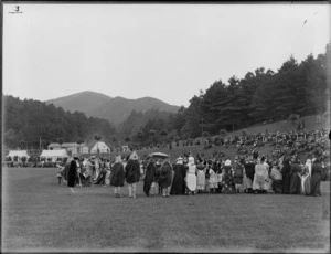 Pageant procession, Newtown Park, Wellington, showing men, women and children dressed in medival clothing with their backs turned