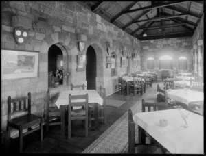 Dining room interior at Sign of the Takahe, Summit Road, Heathcote County