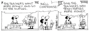 Fletcher, David 1952-:'The teachers want more money and so do the nurses.' 'We'll compromise!...Give the teachers who train nurses more money.' The Dominion, 06 December 2001.