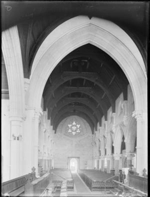 A general view of the interior of the church, pews and entrance of St. Mary's Anglican Church, Timaru