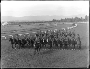 Mounted Riflemen in camp, [Trentham Racecourse?]