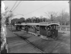 A Kitson double decker steam tram carrying passengers, Christchurch